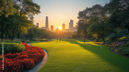 Urban Park at Dawn with Flowering Shrubs and Tree-Lined Jogging Path