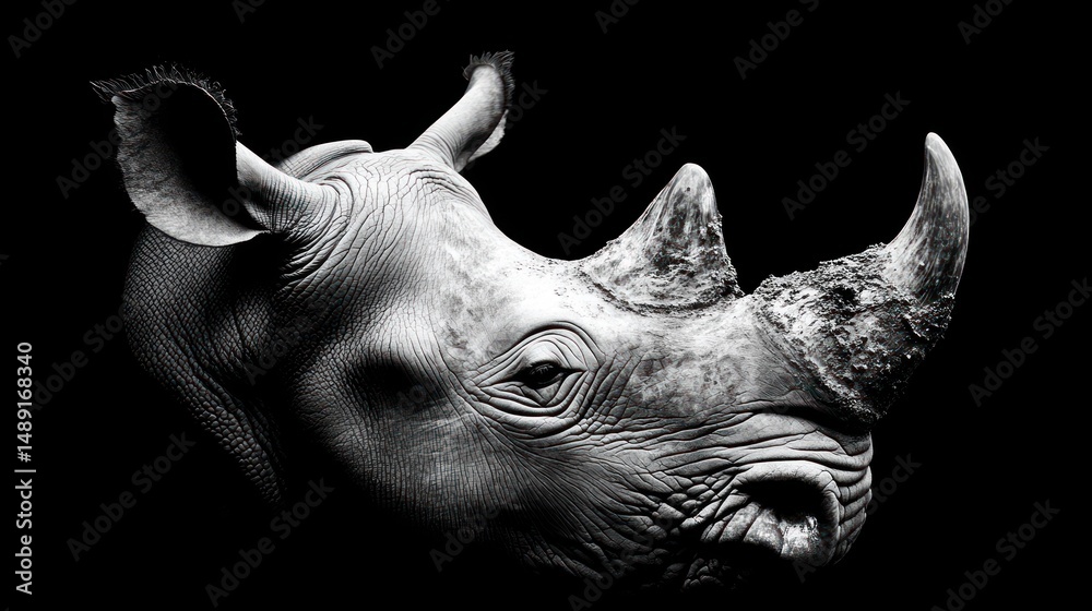 Fototapeta premium Monochrome magnificence: A close-up portrait of a rhinoceros head and horn