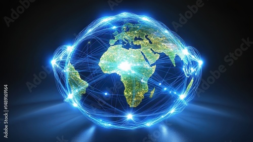 3D-rendered globe with bright blue network links connecting major cities, symbolizing worldwide internet connectivity, digital communication, and global business, isolated on dark gradient background.
