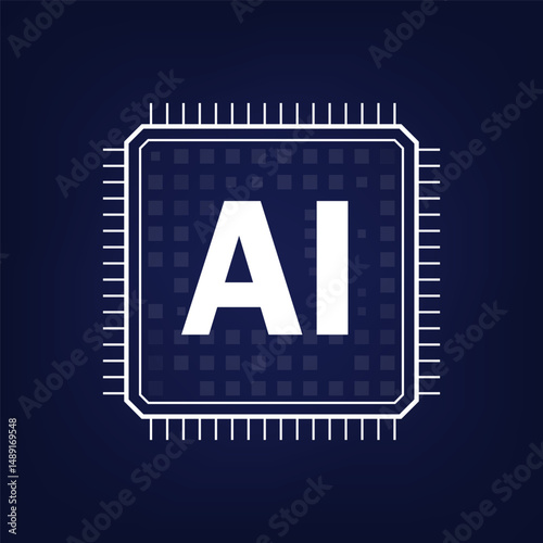 Vector illustration of a central processing unit (CPU) with an AI icon, symbolizing artificial intelligence, digital computing, microchip technology, and smart machine processing.
