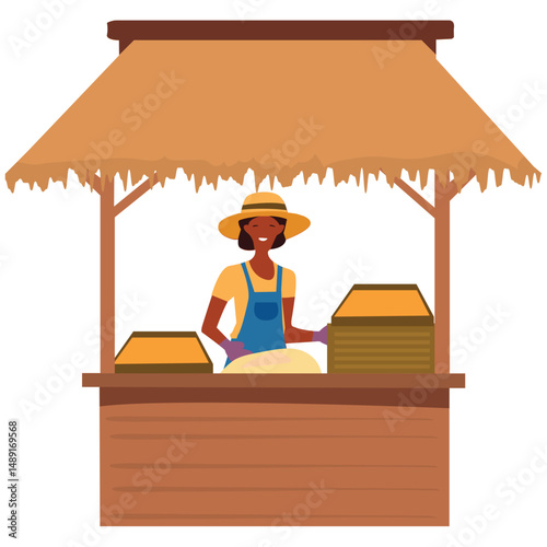 Farmer selling inside a wooden stall.