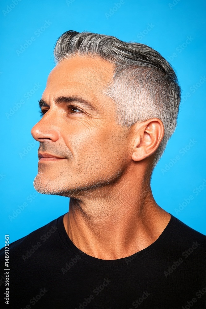 Obraz premium Conceptual art drawing of style for aging men. A peaceful and content male enjoying his portrait. Blue solid background. Modish men's fade haircut - midlife arabian man with short hair.