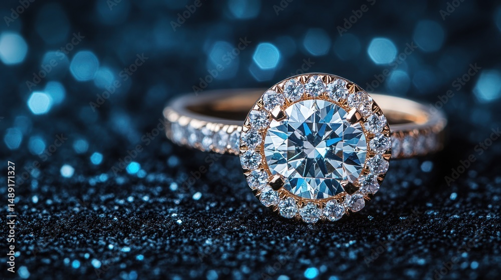 Fototapeta premium Dazzling diamond ring on dark blue glitter background