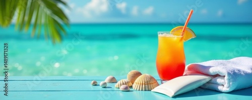 Seashells, sunscreen, beach towel, and tropical drink on blue table by the sea, vacation, drink