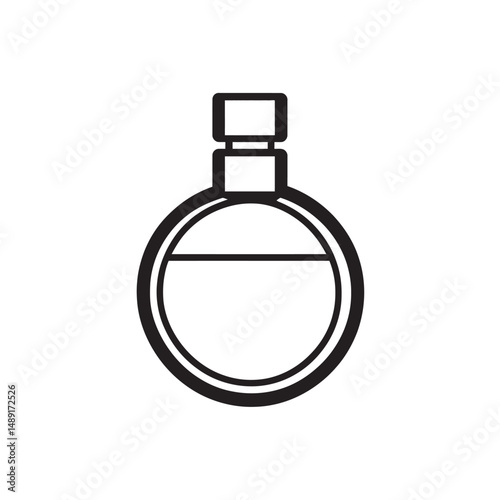 Minimalist line art displays a sleek round bottle with a flat rectangular stopper and fluid