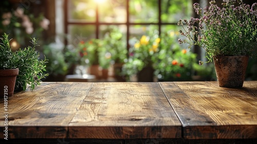Wood table top on blur kitchen counter (room)background. 