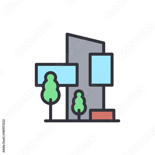 Modern Architecture With Light Blue Advertisement Panels And Green Trees