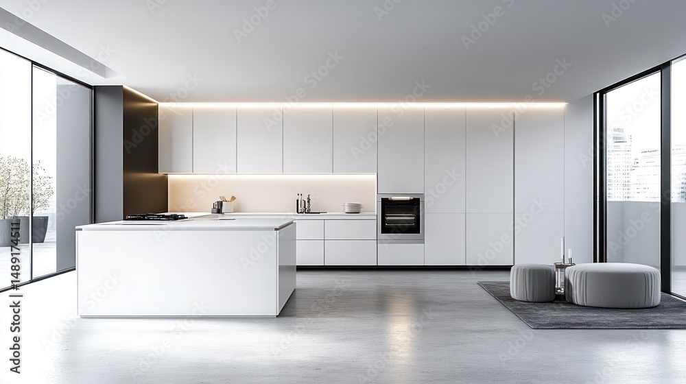 Fototapeta premium Minimalist kitchen with island, integrated cabinets and seating area near panoramic windows