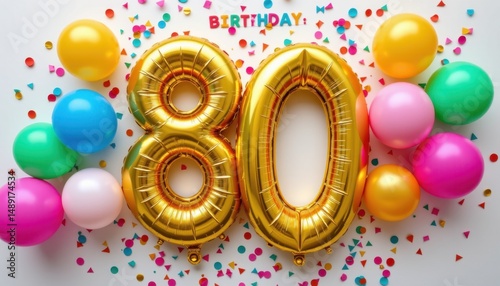 80th birthday celebration with colorful balloons and confetti festive party atmosphere bright and cheerful viewpoint