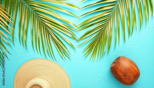 Pastel blue background, tropical palm leaves, sun hat, coconut Flat lay, summer concept, sea, blue photo