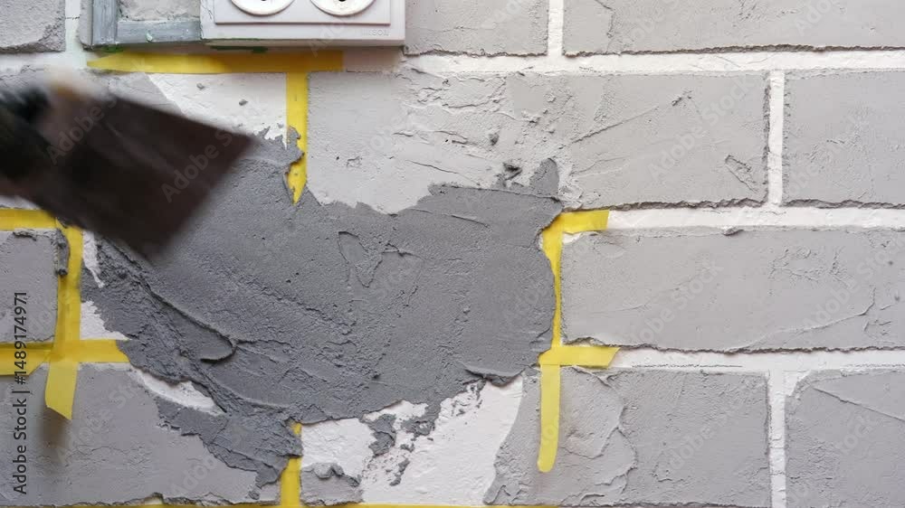 a gloved hand applies cement to a wall with a spatula