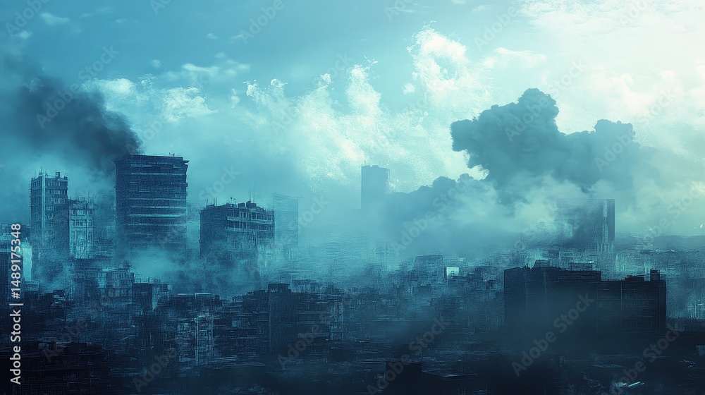 Fototapeta premium Contrast of clear blue sky meeting a thick smog layer above a city, dramatic environmental and air pollution message. 