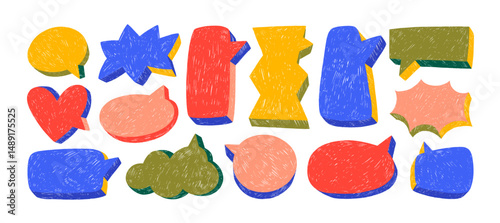 Colorful crayon drawn three-dimensional speech bubbles. Hand drawn vector funky talk balloons. Colorful communication speech bubbles collection. Crayon chalk doodle text clouds. Blank shapes.