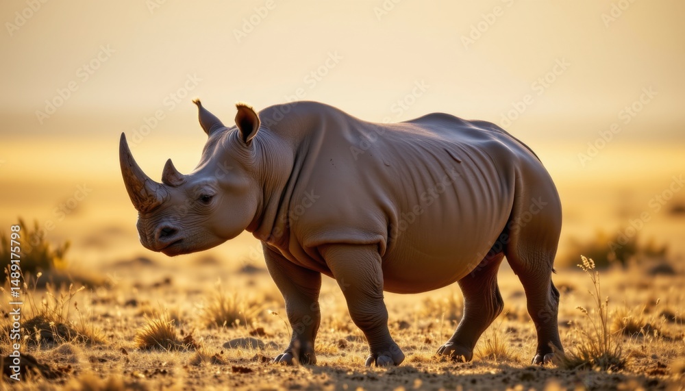 Fototapeta premium Rhino walking in the savanna wildlife scene nature photography golden hour majestic animal conservation awareness