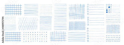 Various blue grids and lines patterns for paper sheets, notes and stickers. Hand drawn textures for bullet journal pages. Crayon drawn checklist templates. Vector doodle school math sheets.