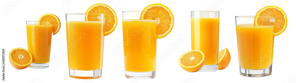 Refreshing Orange Juice in Glasses with Fresh Fruit Slices, Isolated on Transparent, white background