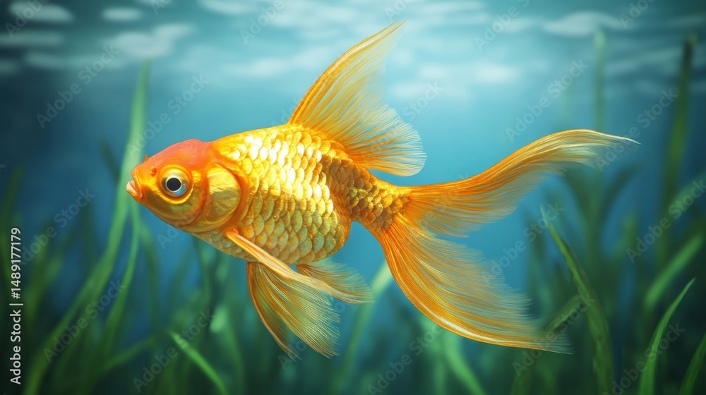 Fototapeta premium Vibrant Goldfish Swimming Gracefully in Clear Aquatic Environment