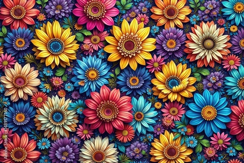 Intricate floral motif in vibrant colors, endless repeat , organic, seamless pattern