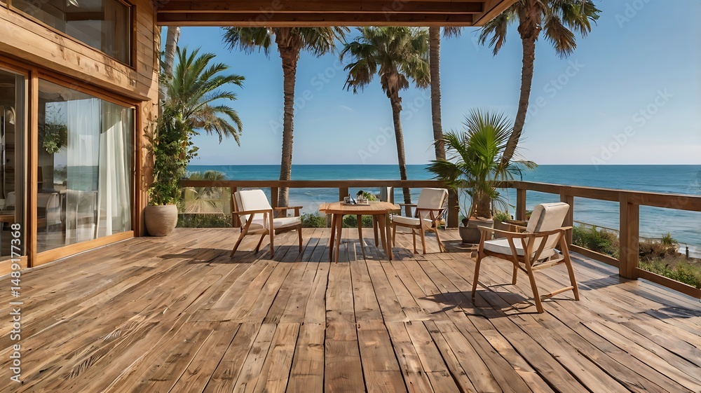 Fototapeta premium Beach house terrace with palm trees and wooden textures