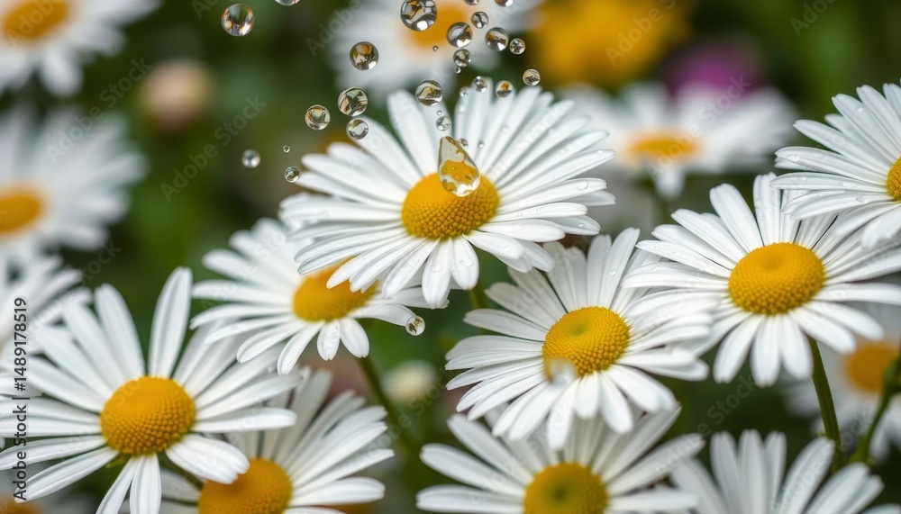 Obraz premium Rain droplets splash on vibrant white daisies, blurred motion, high-speed photography, flora, garden
