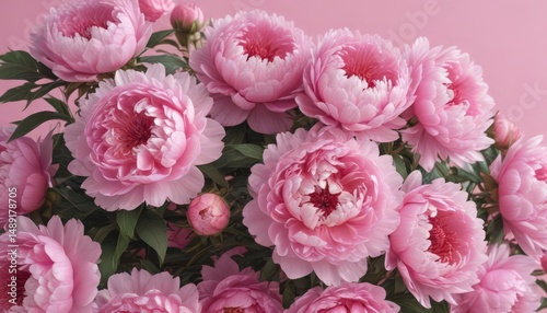 Dense cluster of pink peonies, soft pink backdrop,  beautiful,  spring