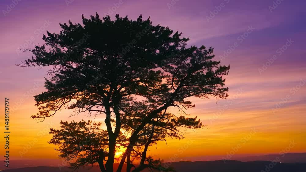 Striking tree silhouette against a vibrant sunset sky, with a warm golden glow illuminating distant hills and soft violet clouds Striking tree silhouette against a vibrant sunset sky, with a warm golden glow illuminating distant hills and soft violet clouds