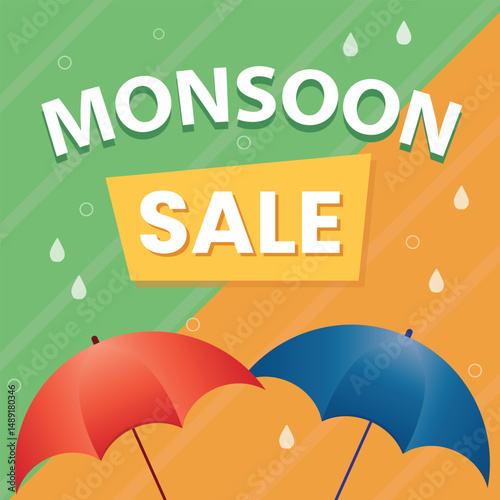 Monsoon Sale Promotional Banner with Colorful Umbrella Vector