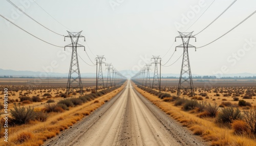 Power line installation along dusty road desert landscape photography sunny environment perspective on infrastructure