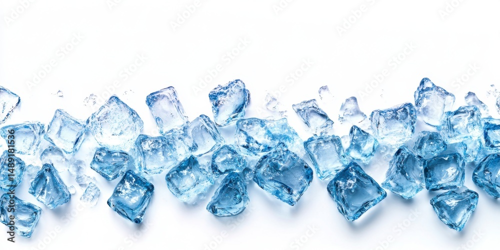 Fototapeta premium Clear Ice Cubes Piled on White Background for Beverage Decoration