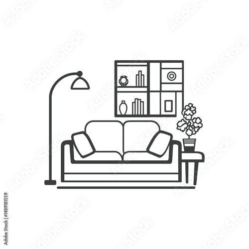 Minimalist living room features a couch, bookshelf, lamp, and flower pot which has transparent background