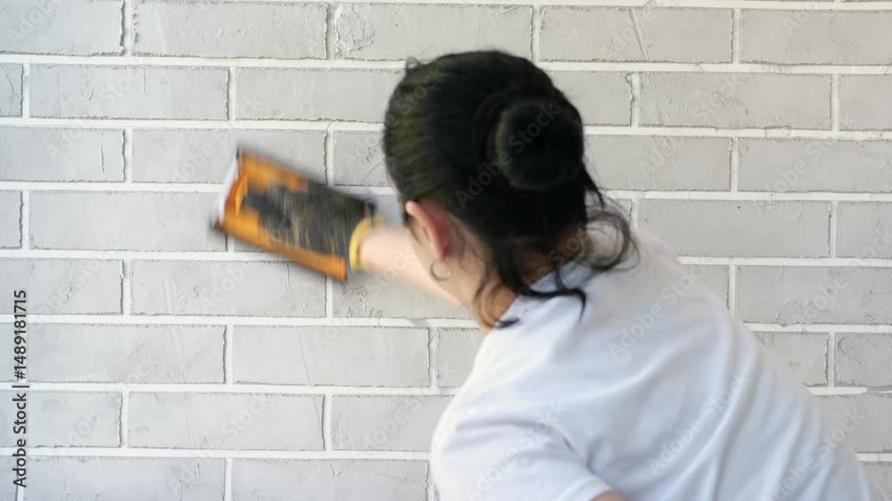 A woman's hand in a glove cleans a brick wall with sandpaper