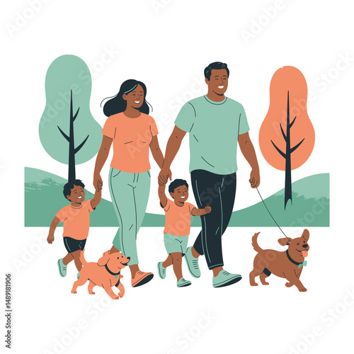A black vector silhouette depicts a person, perhaps a woman or child, walking a dog, an animal pet illustration