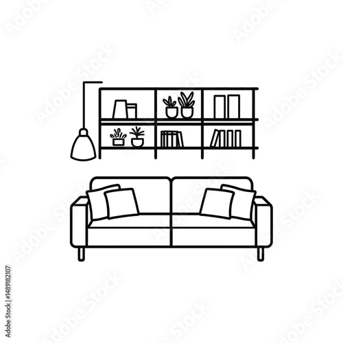 Minimalist living room features sofa, cushions, bookshelf, decor, and hanging lamp with transparent background