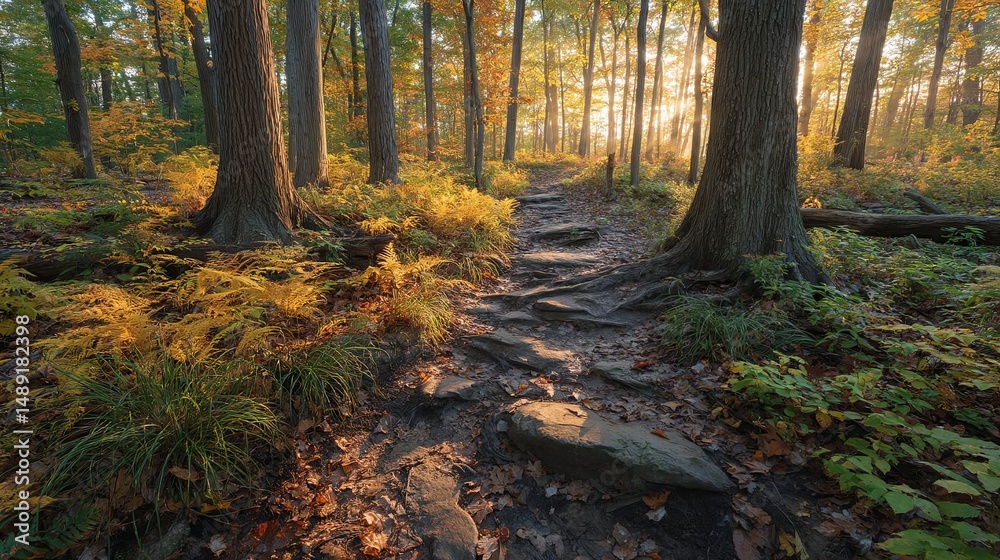 Naklejka premium Dense forest at dawn with early morning mist covering fallen leaves and visible animal tracks on the ground, creating a peaceful and mysterious natural wilderness scene in soft morning light.