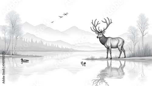 Deer coloring page, forest lake scene, wildlife line drawing, peaceful nature art, kids activity printable.