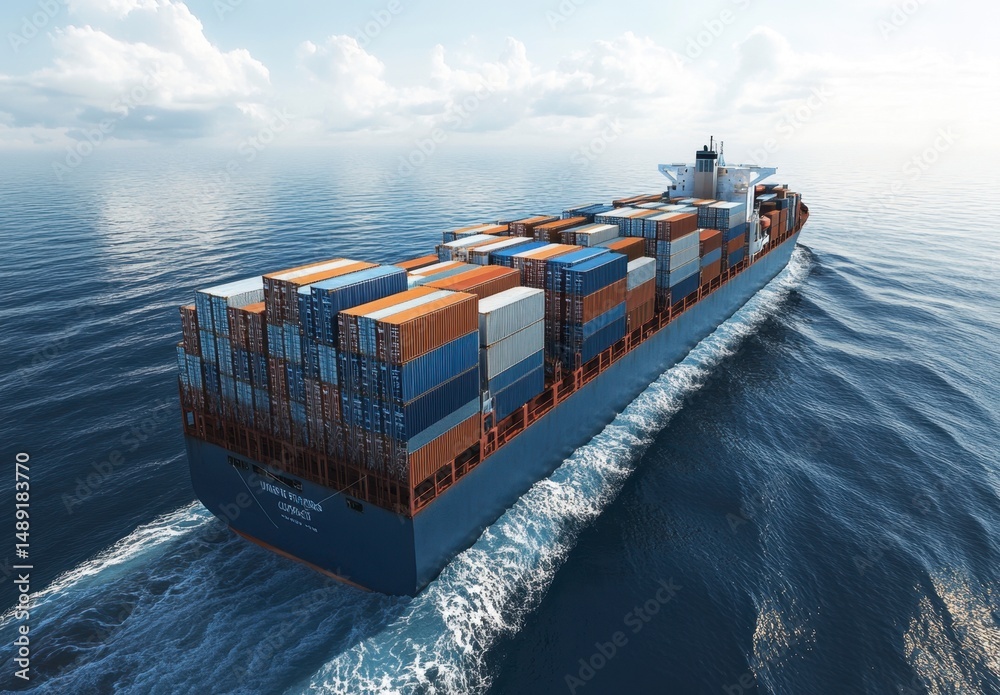 Fototapeta premium Container Ship Sailing on Calm Waters with Blue Sky and Clouds