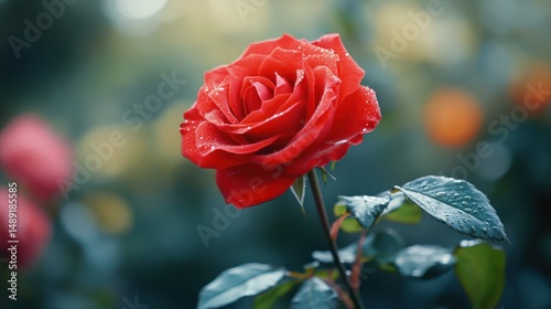 Vivid red rose with water droplets glistening against a soft, dreamy backdrop