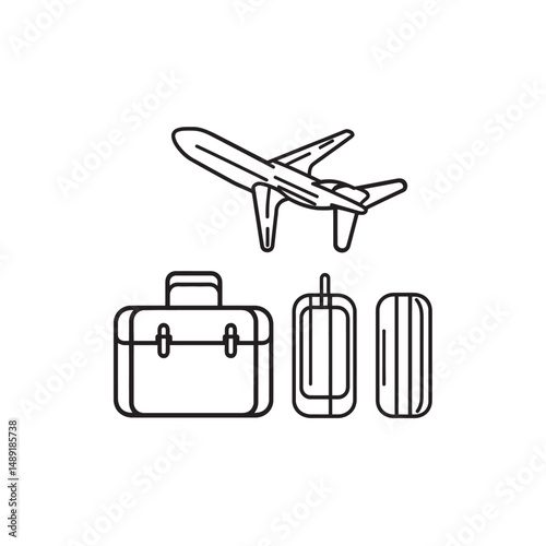 Minimalist outline depicts airplane flying above baggage pieces on transparent background, conveying travel