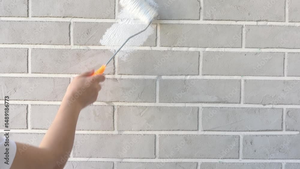 hand with roller paints brick wall white