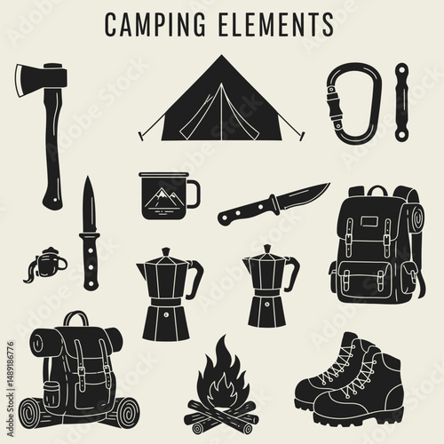 Collection of camping elements including tent axe carabiner backpack and other outdoor equipment icons