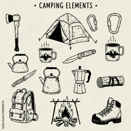 Illustration of camping elements including tent axe backpack campfire and various camping gear items