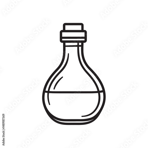 Minimalist outline reveals a glass bottle with liquid and a cork stopper on transparent background