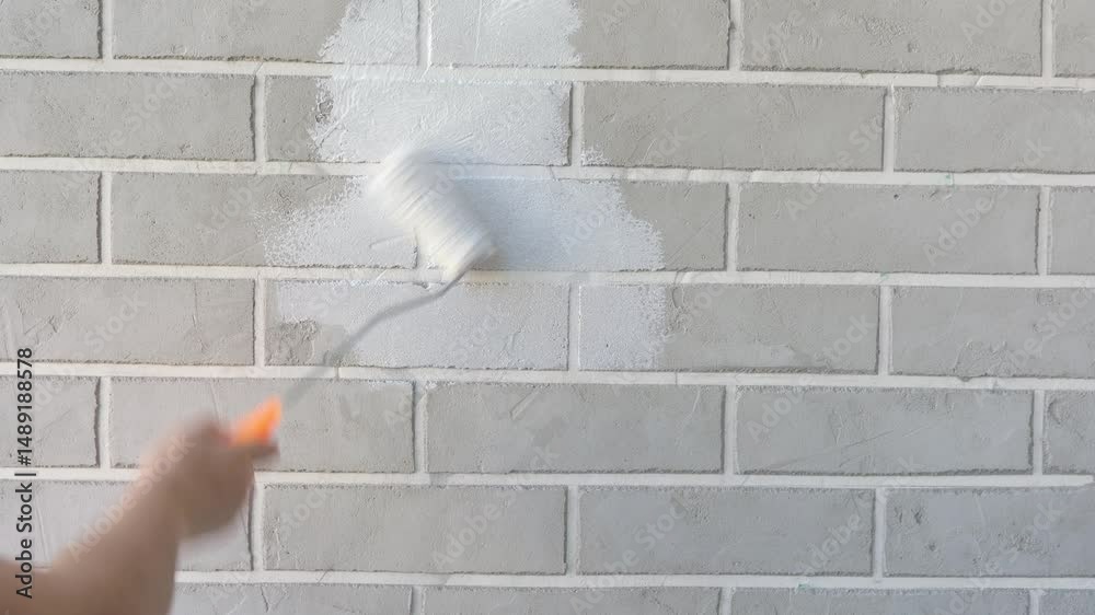 hand with roller paints brick wall white