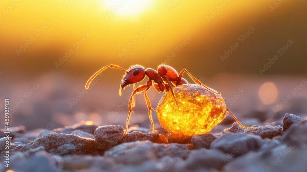 Ant carrying luminous treasure at sunset, illuminated in golden light Ant carrying luminous treasure at sunset, illuminated in golden light