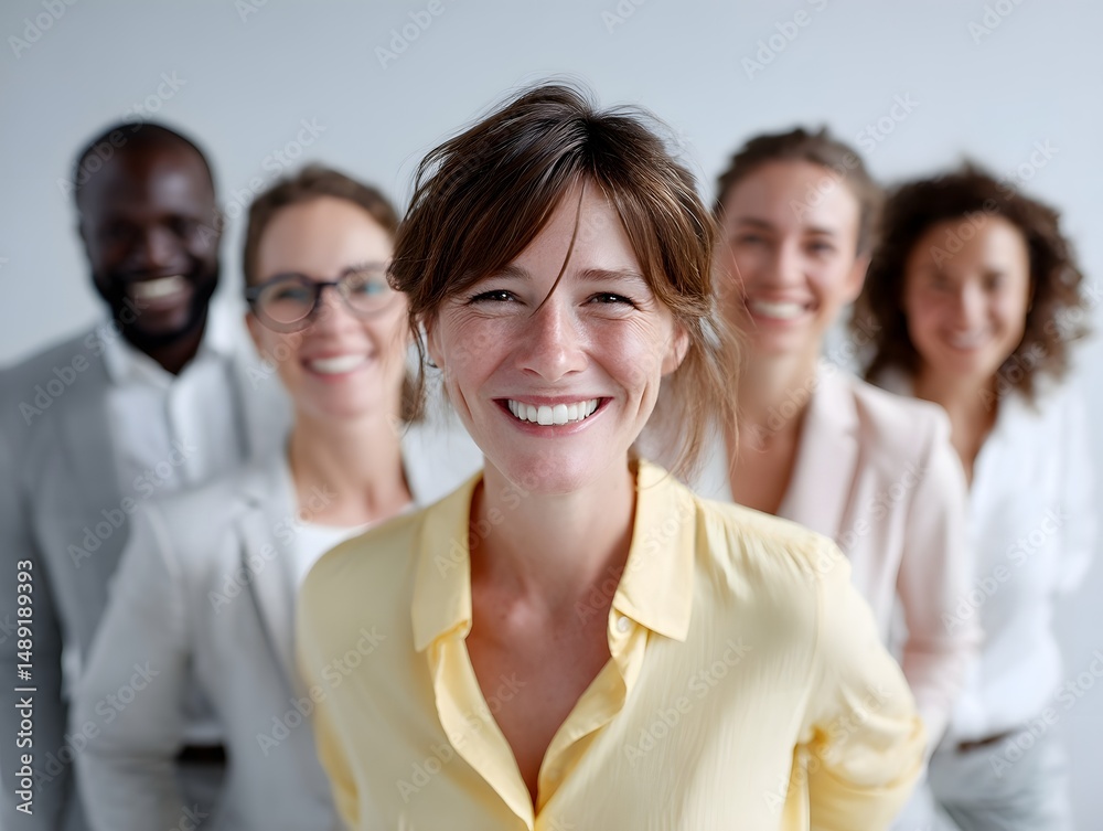 Obraz premium Happy Woman in Yellow Shirt Smiling