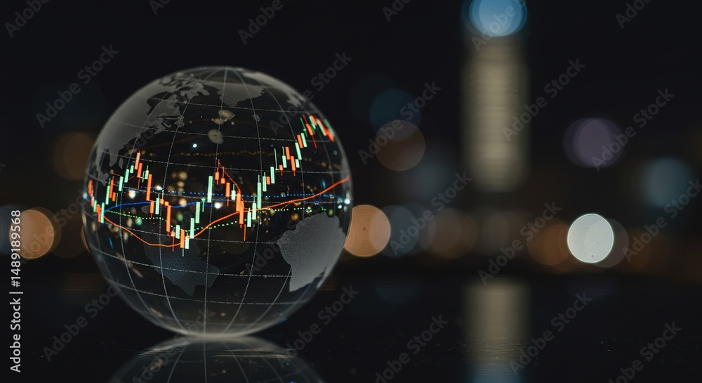 Fototapeta premium Globe with financial graph overlayed on a blurred city background at night.