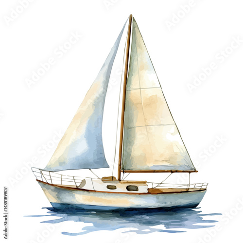 watercolor of Small Sailboat With Tattered Sails, vector high quality, isolated on a white background.