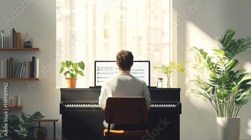 Man playing digital piano in a naturally lit room with musical score displayed