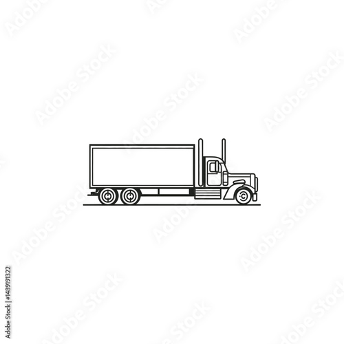 Minimalist semitrailer truck line drawing showcases cargo transport with precise details on a transparent background