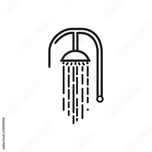 Minimalist shower head releasing water is depicted against a white background, transparent